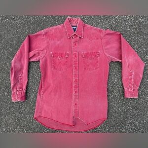 Vintage Wrangler Brushpopper Cowboy Western Snap Red Denim Work Shirt